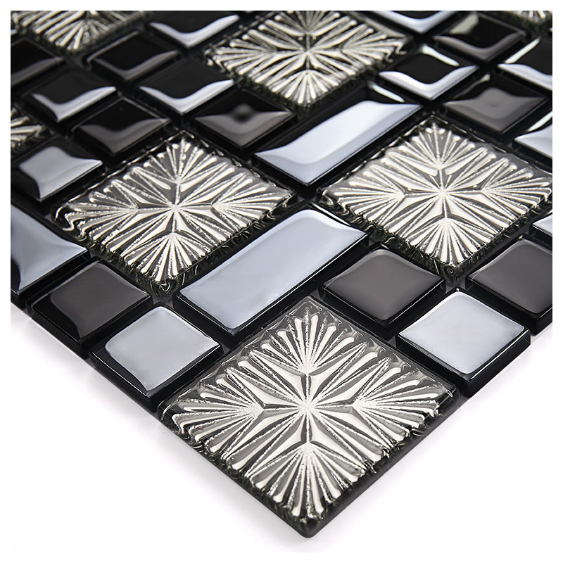 Black Silver Textured Glass Mosaic Tile Modern Geometric Wall and Backsplash Tile
