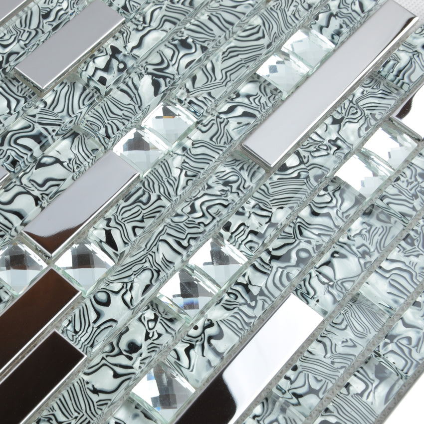 Black & Silver Glass Metal Mosaic Tile Modern Linear Mixed Material Backsplash Tile