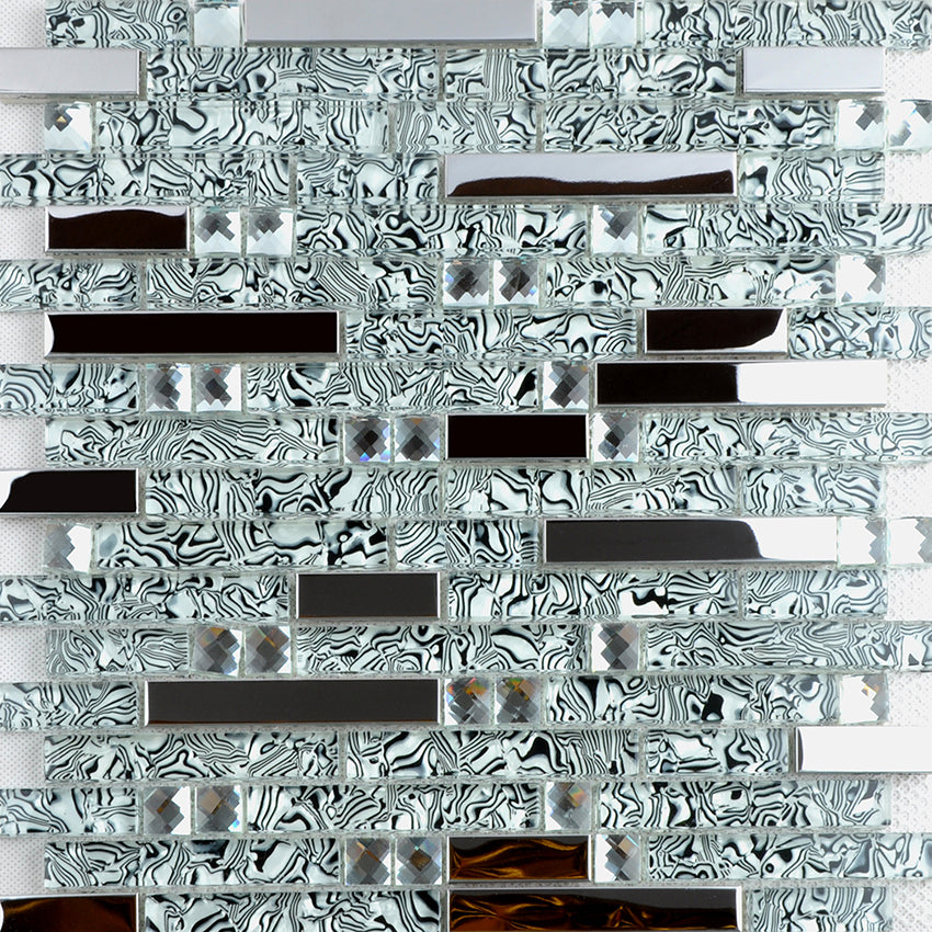 Black & Silver Glass Metal Mosaic Tile Modern Linear Mixed Material Backsplash Tile