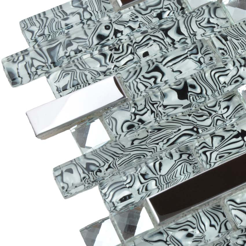 Black & Silver Glass Metal Mosaic Tile Modern Linear Mixed Material Backsplash Tile