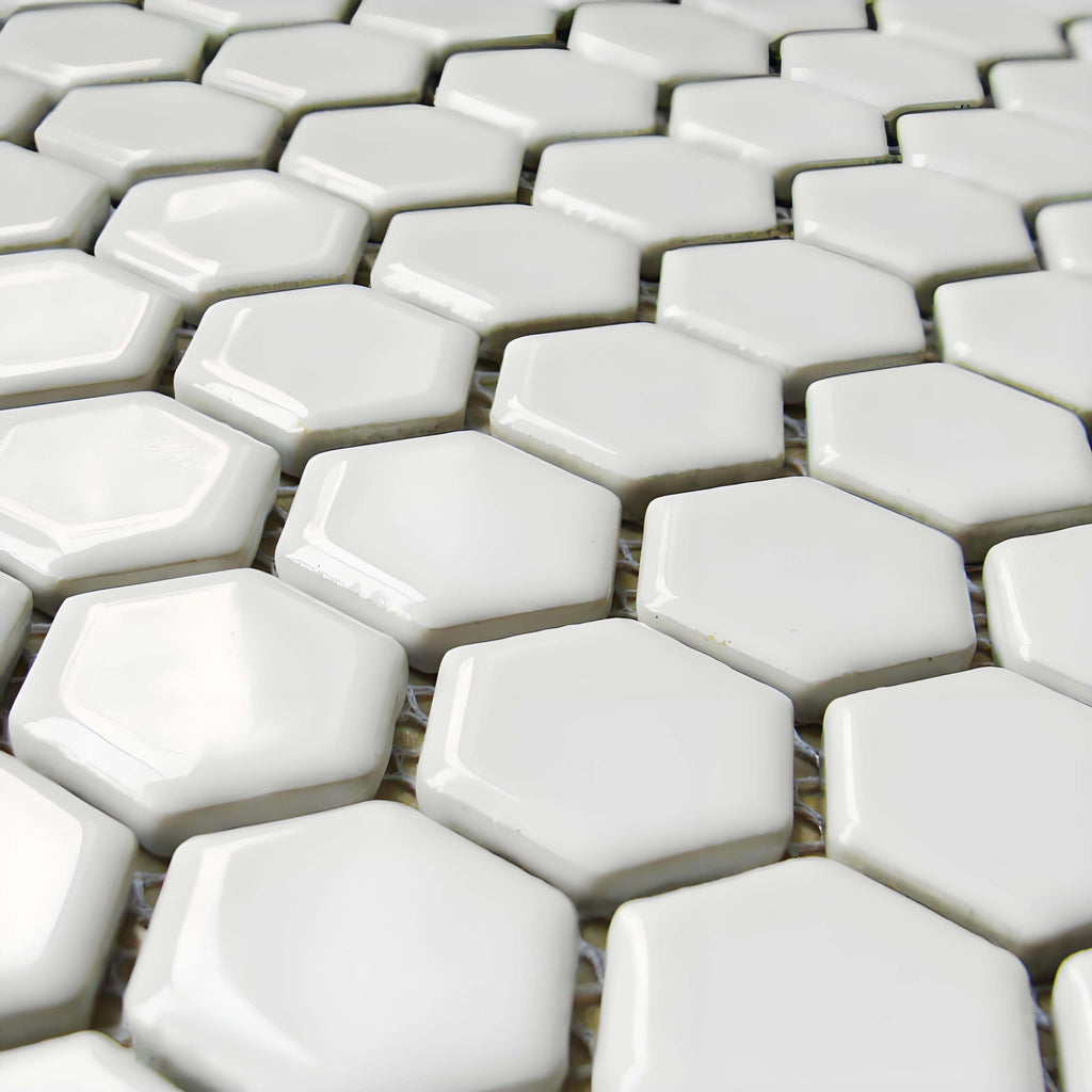 Carrelage mural et de sol en mosaïque céramique hexagonale blanc classique, finition mate, motif nid d'abeille
