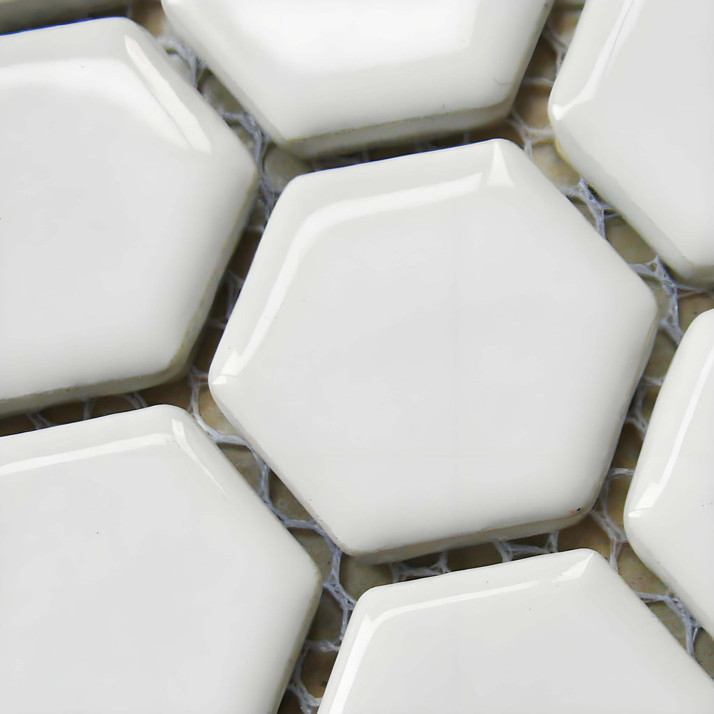 Carrelage mural et de sol en mosaïque céramique hexagonale blanc classique, finition mate, motif nid d'abeille