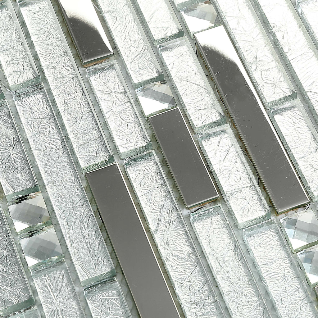 Silver Glass Metal Linear Mosaic Tile Textured Brick Pattern Backsplash Decor Wall Tile