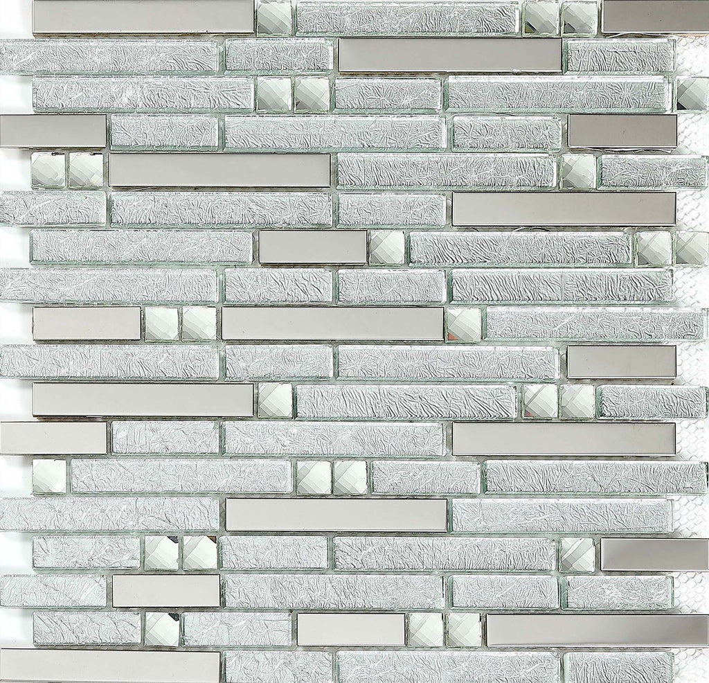 Silver Glass Metal Linear Mosaic Tile Textured Brick Pattern Backsplash Decor Wall Tile