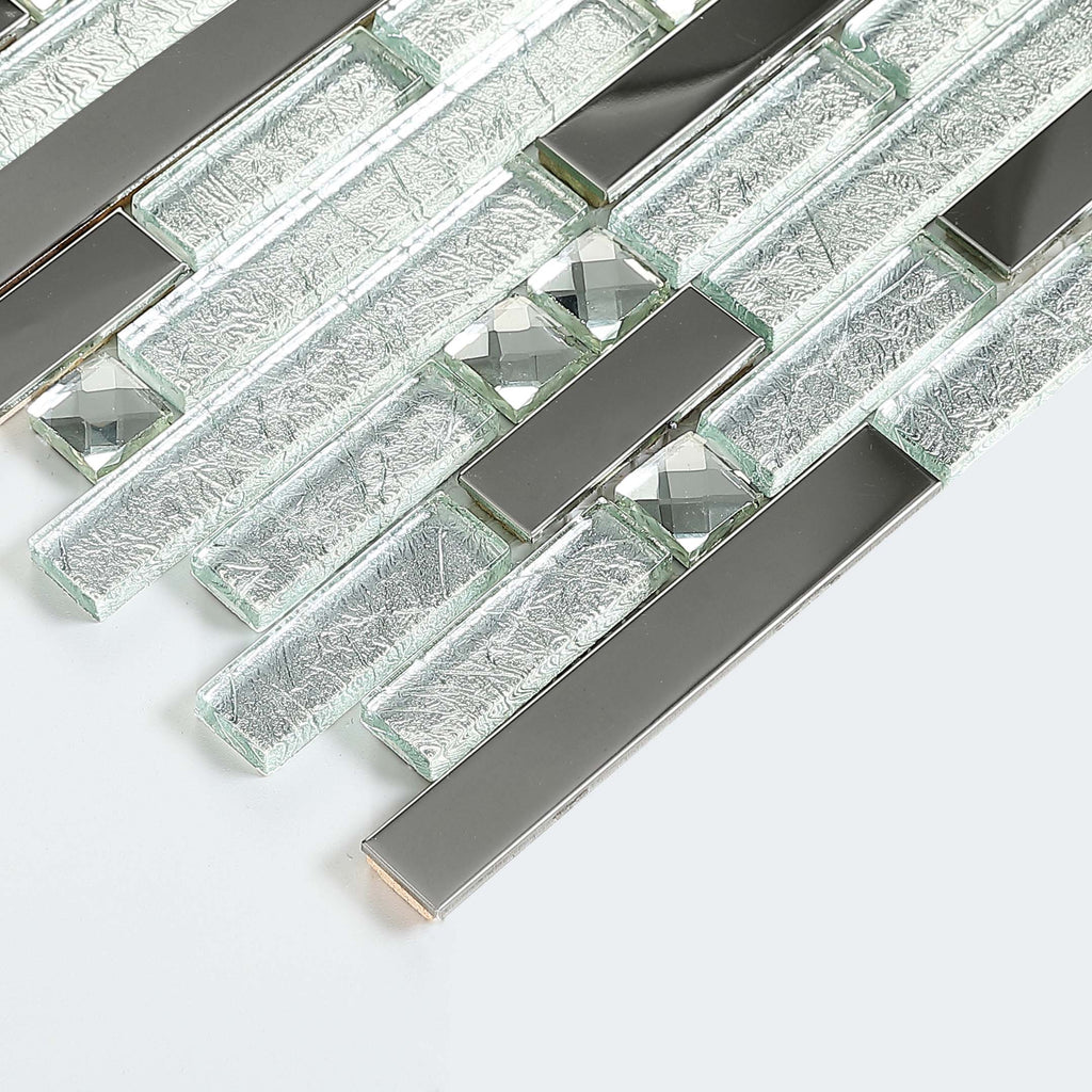 Silver Glass Metal Linear Mosaic Tile Textured Brick Pattern Backsplash Decor Wall Tile