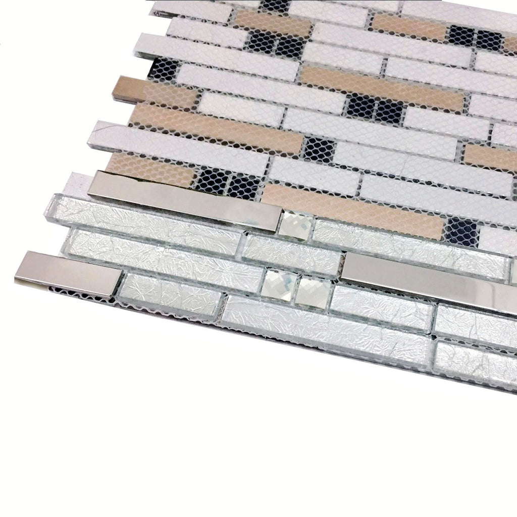 Silver Glass Metal Linear Mosaic Tile Textured Brick Pattern Backsplash Decor Wall Tile