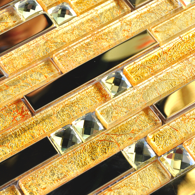 Metal glass tile backsplash gold stainless steel gold crystal glass