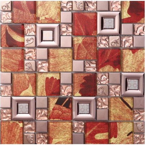 Red Crystal Glass Mosaice Tile Leaf Patterns Rose Gold Stainless Steel Metal Wall Backspalsh