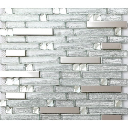 Glass Metal Linear Mosaic Wall Tiles Silver Ribbon Shiny Backsplash Tile