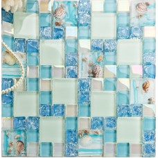 Cracked Blue Glass Mosaic Mediterranean Style Resin with Conch Shell Beach Inspired Backsplash Iridescent White Tile