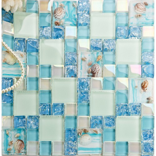 Cracked Blue Glass Mosaic Mediterranean Style Resin with Conch Shell Beach Inspired Backsplash Iridescent White Tile