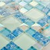 Cracked Blue Glass Mosaic Mediterranean Style Resin with Conch Shell Beach Inspired Backsplash Iridescent White Tile