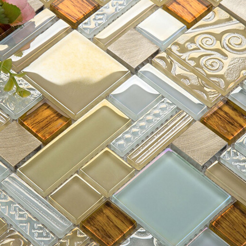 White Crystal Glass Mosaic Tile Glass Tile Gold 304 Stainless Steel