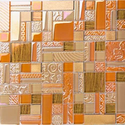 Deluxe glass metal mosaic sheets brushed aluminum backsplash yellow and orange decorative crystal glass tile for kitchen and bathroom MGJH07
