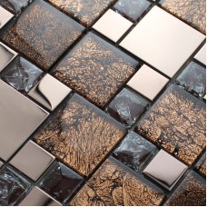 Metal and glass blend mosaic tile brown crackle crystal backsplash stainless steel with base MGT007 kitchen back splash wall decor