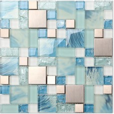 Blue glass mosaic sheets stainless steel backsplash crackle crystal glass tiles for kitchen and bathroom metal mosaic wall tiles MGMH10