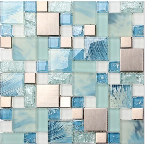 Blue glass mosaic sheets stainless steel backsplash crackle crystal glass tiles for kitchen and bathroom metal mosaic wall tiles MGMH10