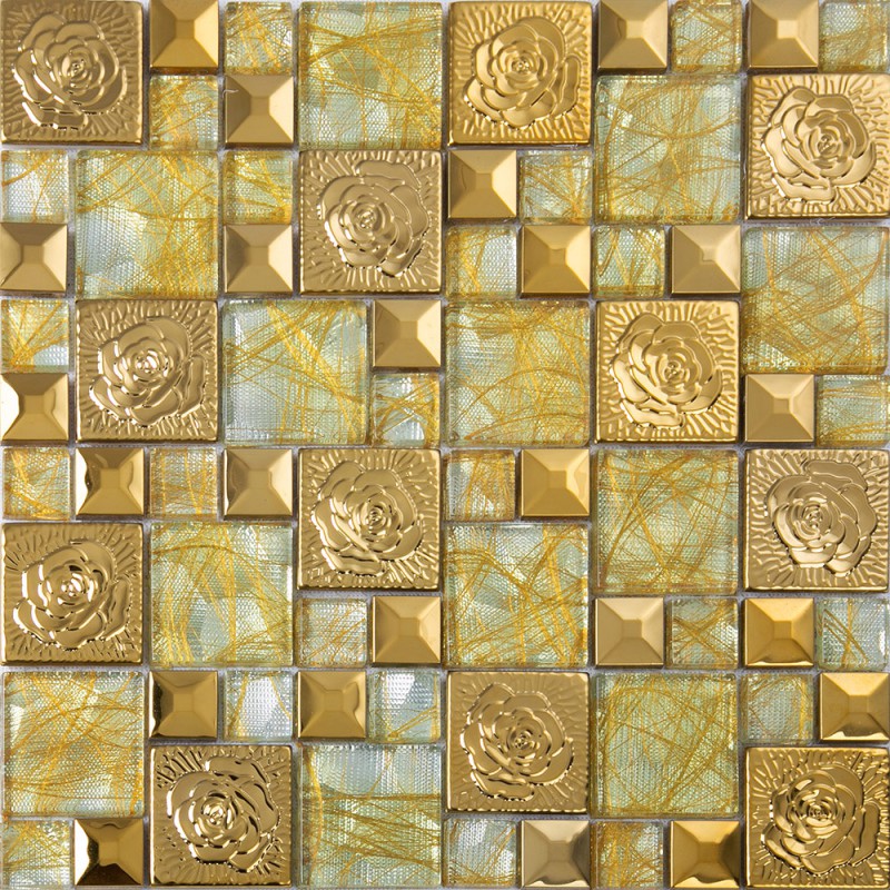 gold 304 stainless steel flower mosaic tile yellow glass art mosaic mirror wall stickers p1540