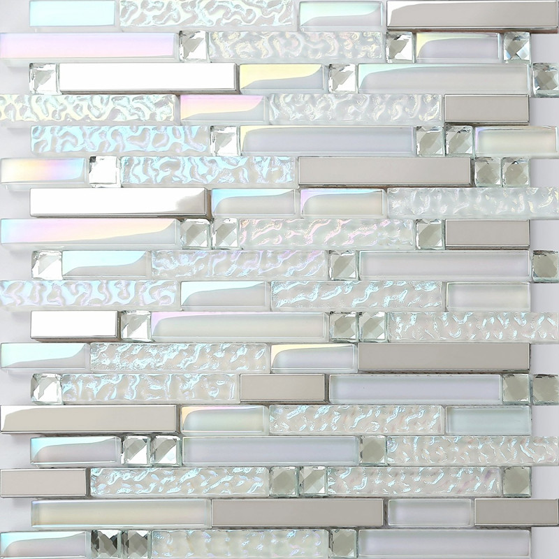Glass and Metal Linear Wall Tile, Iridescent White & Silver, Backsplash