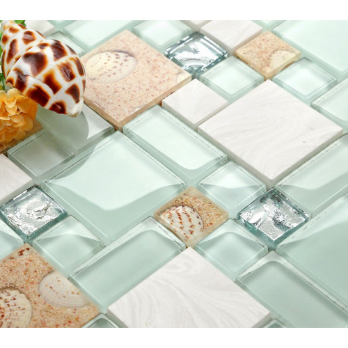 Glass and Stone Mosaic Tile, Beach Style Green Lake & White, Sandy Resin Inner Pearl Shell & Conch