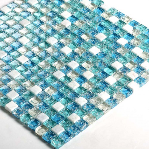Blue crystal mosaic tile sheets 3/5" Stone & glass blend mosaic designs S321 crackle Glass tile backsplash marble bathroom tiles