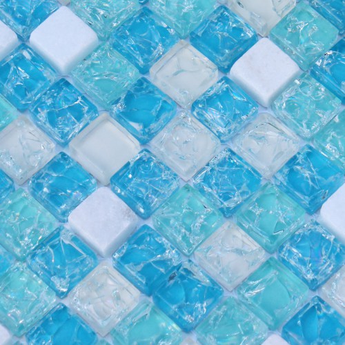 Cream stone and glass tile backsplash for kitchen and bathroom crackle blue sea crystal glass mosaic tiles sheet cheap wall tiles SGY001