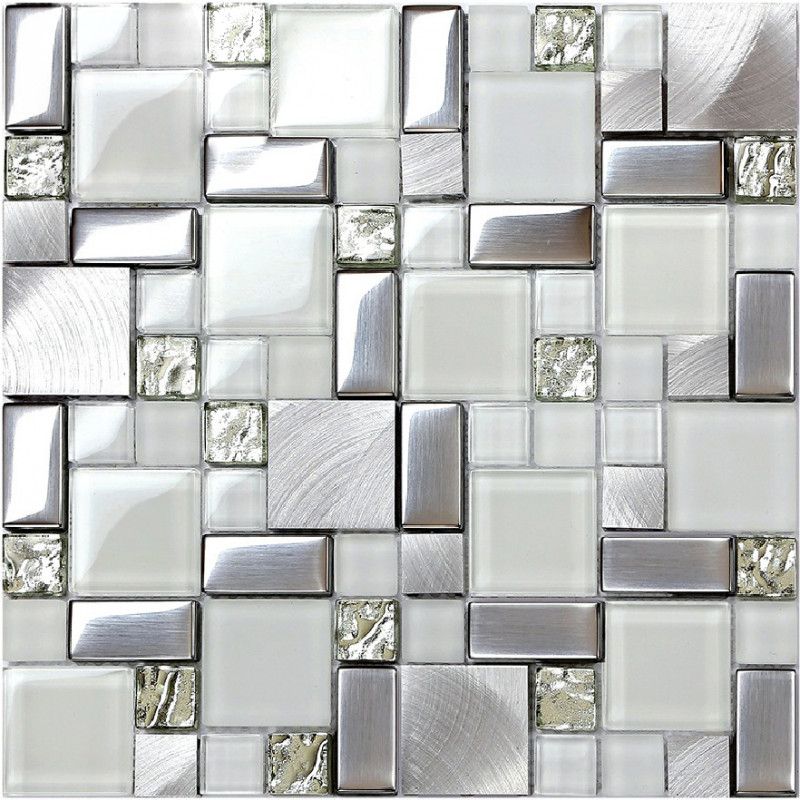 Silver Metal And Glass Tile Backsplash, Bathroom Tile Backsplash Ideas