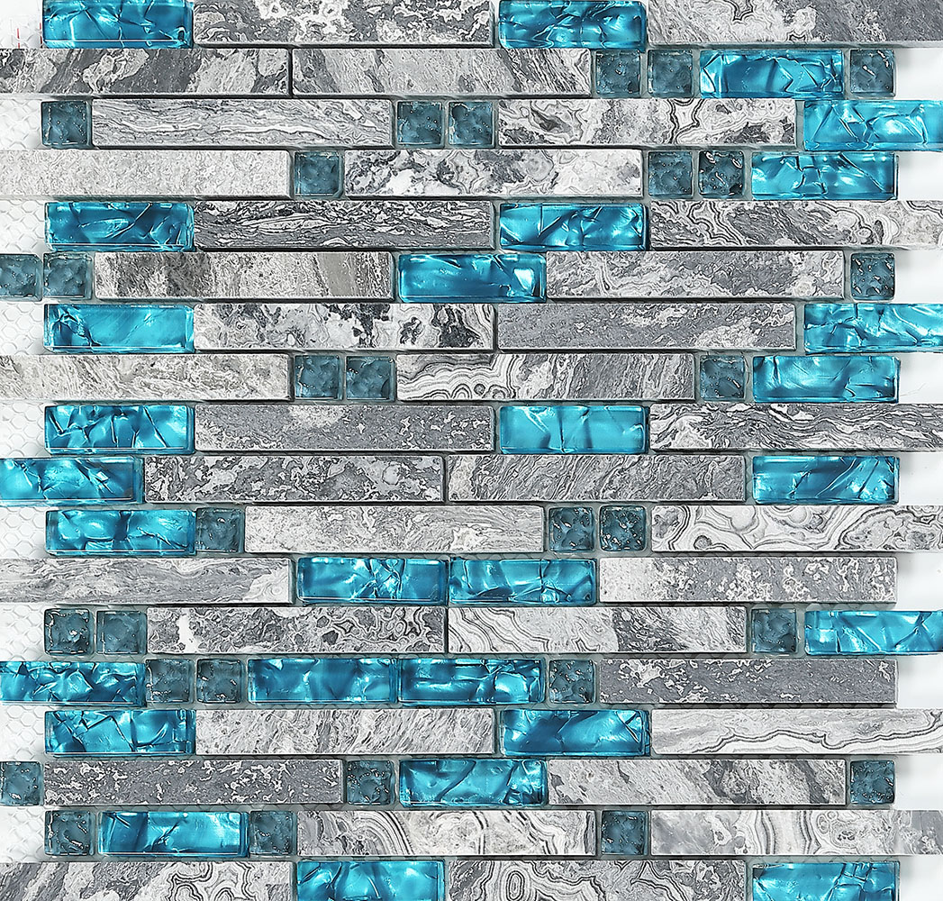 Blue Glass Stone Mosaic Wall Tiles Gray Marble Tile Kitchen Backsplash