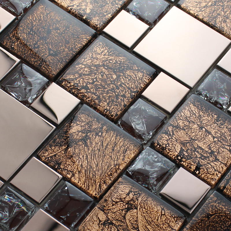 Metal and glass blend mosaic tile brown crackle crystal backsplash  stainless steel with base