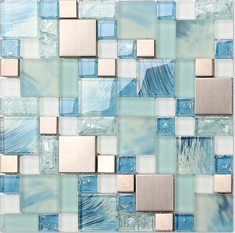 Blue glass mosaic sheets stainless steel backsplash crackle crystal