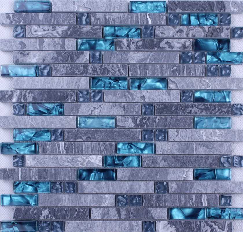Blue glass stone mosaic wall tiles gray marble tile kitchen backsplash