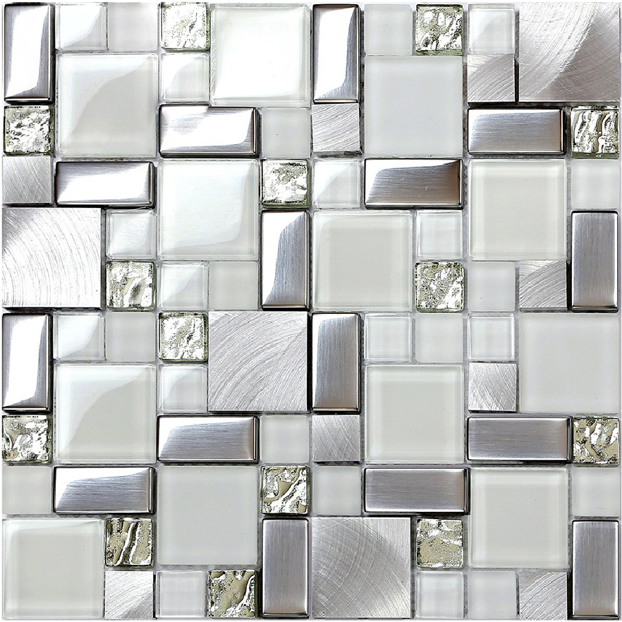 Silver Metal And Glass Tile Backsplash, Glass Mosaic Tile Kitchen Backsplash Ideas
